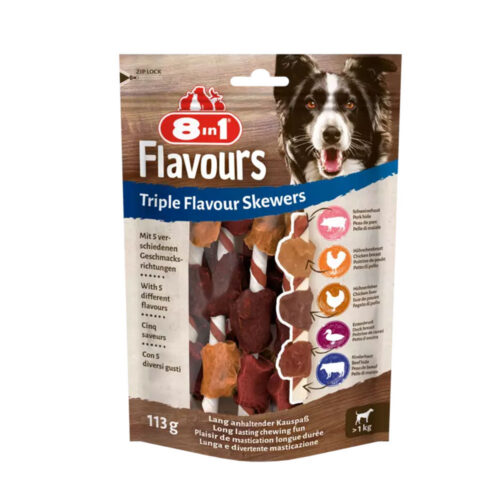 4048422144632 1 8in1 karums suniem iesms ar vistaspiles fileju un aknam Triple Flavour Skewers 113 g N6